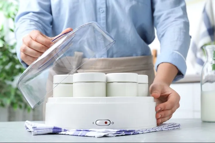 Yogurt maker on kitchen counter producing homemade Greek yogurt